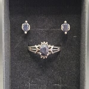 Vintage 925 Sterling Silver Sapphire Color Ring & Stud Earrings Set Size 9...
